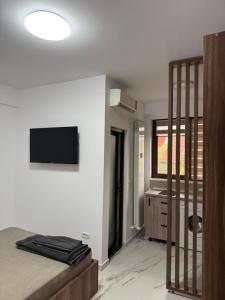 Una habitación con una cama y un televisor en una pared. en Urban Confort Studio, en Popeşti-Leordeni