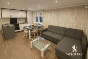 a living room and kitchen with a couch and a table at Weber Hof in Adorf