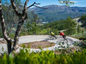 Dos personas montando en bicicleta por una carretera de montaña en Brand new house close 2 Skiresort, en Hemsedal