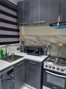 uma pequena cozinha com fogão e micro-ondas em 1 Bedroom Apt Sabolak Suite Sapphire em Ikate