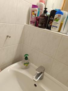 a bathroom sink with a bottle of soap on it at Einzelzimmer für Frauen Female Single room in Leipzig