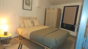 a small bedroom with a bed and a window at Charmant T2 centre Montélimar in Montélimar