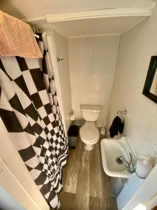 a small bathroom with a toilet and a sink at Patagon Backpackers in Coihaique +39 photos