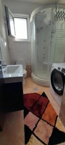 a bathroom with a sink and a shower and a washing machine at Indepented Residence Serres in Levkón