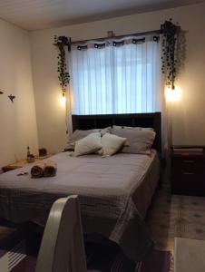 Un dormitorio con una cama grande con una ventana grande. en Casa Aconchegante, en Caparaó Velho 24 fotos más