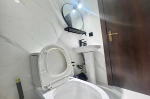 伊凯贾La Vintage Apartelle - Apartment Singapore的带马桶和镜子的小浴室