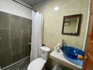 a bathroom with a toilet and a blue sink at Fauna in Santa Marta