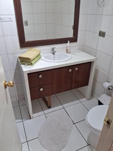 a bathroom with a sink and a mirror and a toilet at Loft Rousse Travel in Santiago