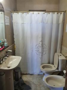 ein Badezimmer mit Toilette, Waschbecken und Duschvorhang in der Unterkunft Casa en las Sierras de Cordoba in Villa Parque Siquiman + 12 Fotos