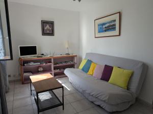 un soggiorno con divano e cuscini colorati di Gîte cosy en Val de Loire, proche Loire, Sologne, Sully/Loire - 1 ch, salon, cuisine, linge inclus - FR-1-590-30 a Guilly