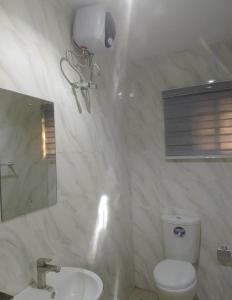 a bathroom with a toilet and a sink and a mirror at Aquarian Spring Homes in Ikeja +5 photos
