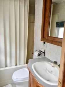 un bagno con lavandino, WC e specchio di Camp inn Kiyosato GRANDEUR - Vacation STAY 42079v a Hokuto