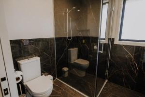 a small bathroom with a toilet and a shower at Ocean & Mountain Views - Kaikoura in Kaikoura +12 photos