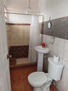 a bathroom with a toilet and a sink and a shower at Hostel Travesía Urbana 