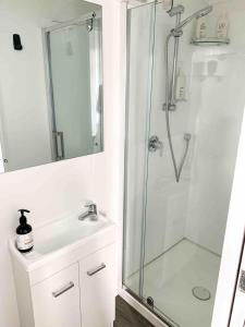 a bathroom with a shower and a sink at Tuia Retreat in Whangaparaoa