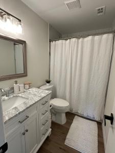 a bathroom with a sink and a toilet and a mirror at CASA SOLÉ, South Tampa in Tampa +22 photos