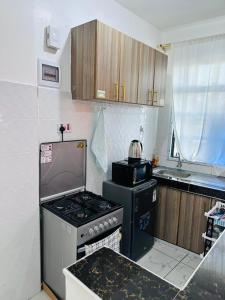 モンバサにあるHome by Mercy Apiyoのコンロと電子レンジのある小さなキッチン