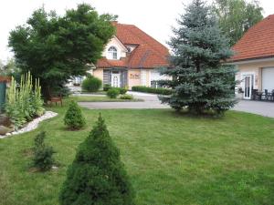 a yard with two christmas trees and a house at Apartmaji in sobe RaMar in Straža