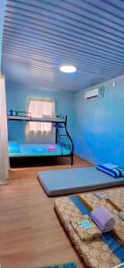 ein blaues Zimmer mit einem Etagenbett und einem Teppich in der Unterkunft Stockton Inn Siquijor in San Juan