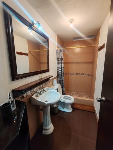 a bathroom with a sink and a toilet and a mirror at casa Montisora in Baños +26 photos