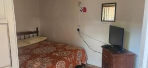 ein kleines Schlafzimmer mit einem Bett und einem Fernseher in der Unterkunft El Jacalito in Matehuala