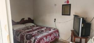 ein Schlafzimmer mit einem Bett und einem Fernseher in der Unterkunft El Jacalito in Matehuala