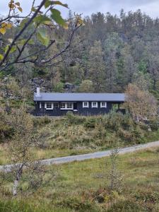 Ein schwarzes Haus auf einem Hügel auf einem Feld in der Unterkunft Cozy Family Cabin At Hamlagrø in Sakhaug
