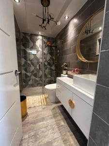 a bathroom with a toilet and a sink and a shower at Modern villa with pool and all comforts in Mendoza