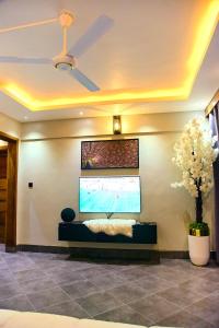 a large television in a living room with a large screen at Bhai Apartments in Mwanza