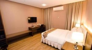 a hotel room with a bed and a television at Oryza Hotel in Santiago City