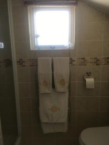 a bathroom with three towels hanging on a window at West Wold Farm House B&B in Barton upon Humber
