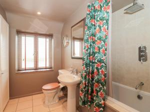 a bathroom with a sink toilet and a shower curtain at Yarn Cottage in Broadway +36 photos