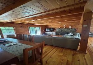 een woonkamer met een bank en een open haard bij Delaware River Poconos Riverfront Masthope in Masthope