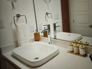 a bathroom with a white sink and a mirror at Cozy hotels in Monterrey