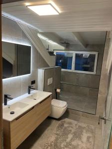 a bathroom with a sink and a toilet at Ferienwohnung in Ansbach-Elpersdorf in Ansbach