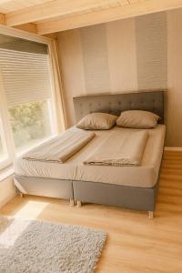a bed in a bedroom with a window at Ferienwohnung in Ansbach-Elpersdorf in Ansbach