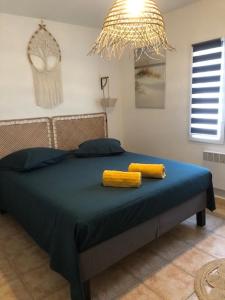 une chambre avec un lit bleu avec deux oreillers jaunes dans l'établissement Villa Mapokia 2 , climatisée, proche Uzès, 3 étoiles de France, à Saint-Marcel-de-Carreiret 47 autres photos