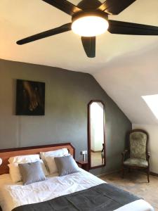 une chambre avec un lit avec un ventilateur de plafond dans l'établissement Appartement - LES COMBLES DU CHATEAU DES MARAIS - Avec vue sur le lac - POUR 2 à 5 PERSONNES, à Saint-Philbert-de-Grand-Lieu