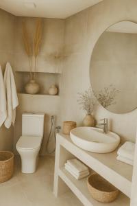 a bathroom with a sink and a toilet and a mirror at Nomade Villas in Agios Ioannis Peristeron