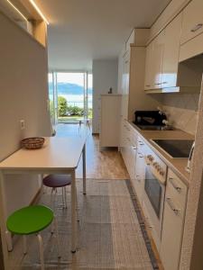 una cocina con mesa y sillas verdes. en Studio avec accès direct au lac de Geneve, en Saint-Gingolph