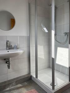 a bathroom with a shower and a sink at Ferienwohnung Wiesenblick in Gödenstorf