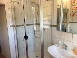 a bathroom with a shower and a sink at Olivia in Rheinsberg +17 photos
