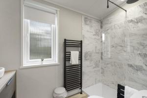 a bathroom with a shower and a toilet and a window at Modern Lodge nr Ilfracombe & Beaches in West Down