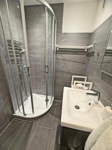 a bathroom with a shower and a sink at Wohnung Bernstein in Burgtiefe auf Fehmarn 