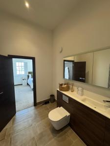 Un baño con inodoro, lavabo y espejo. en Leishman Views, en Itchen Abbas 12 fotos más