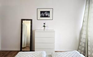 a bedroom with a mirror and a dresser at Gemütliche Ferienwohnung mit großer Dachterasse in Offenburg