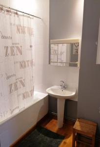 a bathroom with a sink and a shower curtain at Le Château d'Ognies 