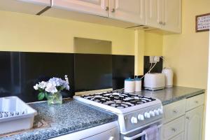 eine Küche mit Herd und Blumen auf einer Theke in der Unterkunft Comfortable 2 Bed Property with garden - Parking in Hunslet + 41 Fotos