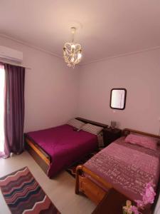 a bedroom with two beds and a chandelier at ΑPARTMENTS IN THE CENTRE in Loutraki