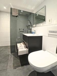 ザウテランデにあるDuinhotel Zomerlustのトイレ、洗面台、シャワー付きのバスルーム